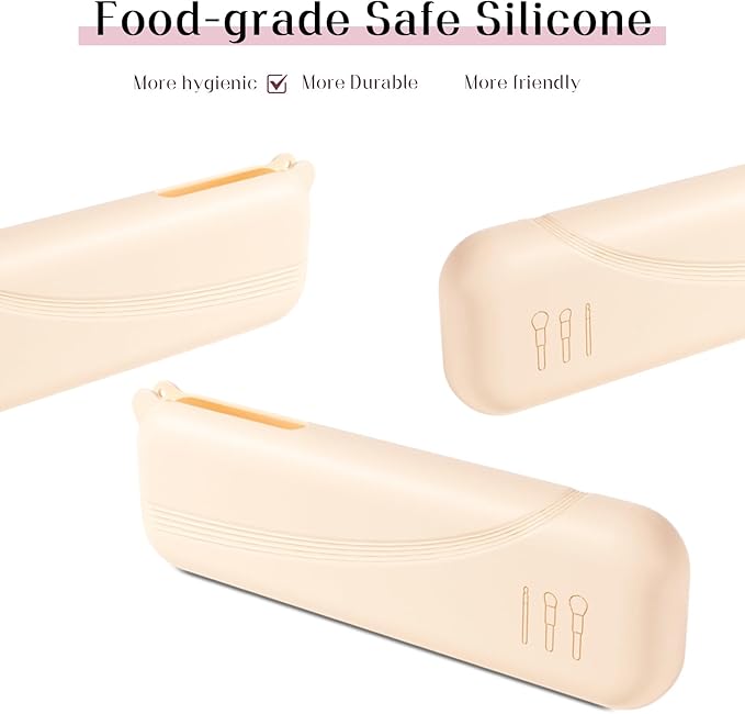 Silicone Makeup Brush holder travel case,Large makeup brush bag with Half-open Snap Design, Anti-fall Out vanity organizer for Toothbrushes,lipstick,eyebrow pencil,BB Cream,Liquid Foundation (Beige)