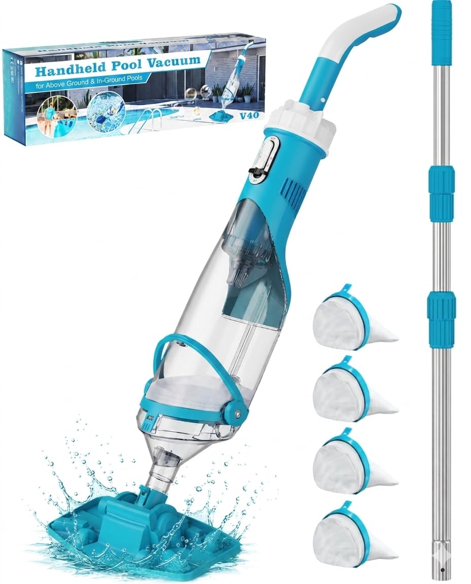 Cordless Pool Vacuum with Telescopic Pole, 18.5 GPM Powerful Suction, 1.5H Supercharge Technology, Handheld Pool Vacuum Cleaner for Above Ground/Inground Pools, Hot Tubs, Sky Blue