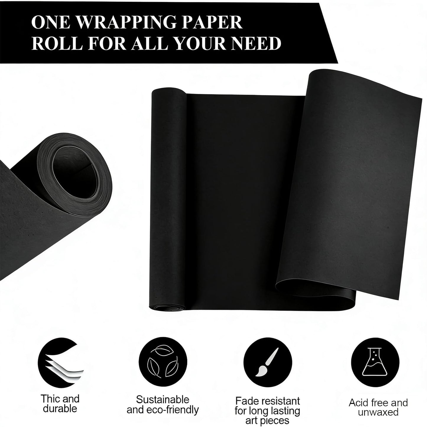 Black Wrapping Paper Roll 24"x 1200" Craft Packing Paper for Moving Shipping, Gift Wrapping Paper, Bulletin Board Kraft Paper for Table Covering Poster Paper Christmas