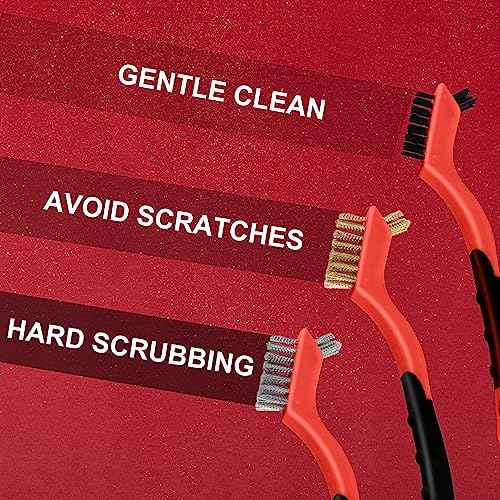 MAXMAN Wire Brush Set 3Pcs, Small Wire Brushes for Cleaning, Rust Remover, Scrub Brush, Detailing Brush, Metal Brush, Stainless Steel/ Brass/ Nylon Bristles Bristle Brush, Scratch Brush, (Red)