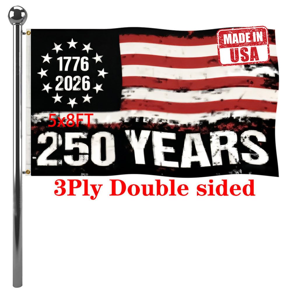 Jayus Double Sided 250th Anniversary American USA Flags 5x8 Outdoor- Vivid Colors 3Ply 1776-2026 250 Years Birthday Patriotic Flags Banners- Heavy Duty 100% Polyester with 3 Brass Grommets