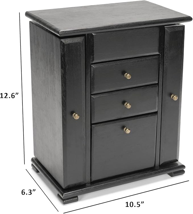 Emfogo Jewelry Box for Women, Rustic Wooden Jewelry Boxes & Organizers with Mirror, 4 Layer Jewelry Organizer Box Display for Rings Earrings Necklaces Bracelets (Black)