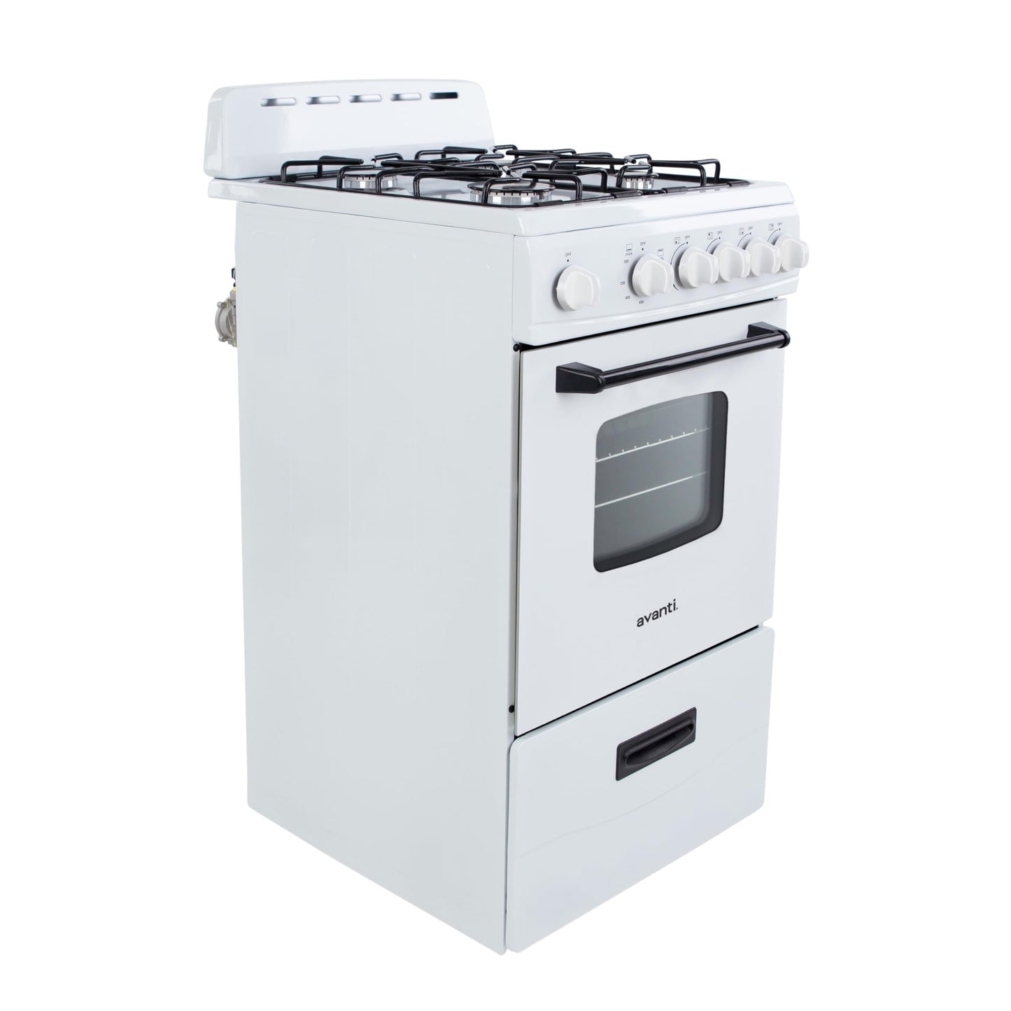 Avanti Gas Range Oven, Compact Freestanding Design, 4 Sealed Burners with Electronic Ignition, 2.1 Cu.Ft. Capacity Features Framed Glass Door Storage Drawer Broiler and Accessories, 20-Inch, White