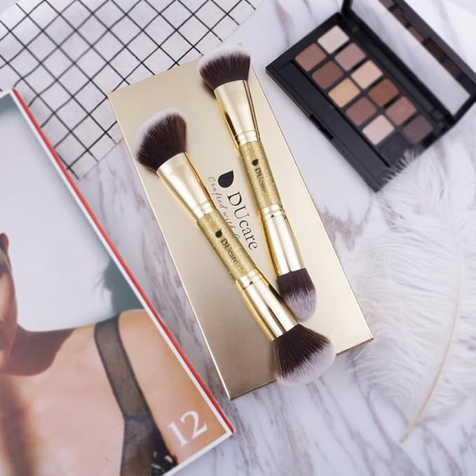 DUcare 2Pcs Duo End Makeup Brushes, Synthetic Bristle Foundation Powder Buffer & Contour Brush Set, Dual Sided Face Brushes for Blending Concealer Bronzer Highlighter