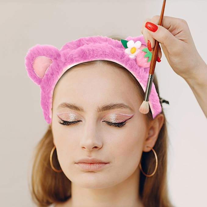 CAVETEE Hairband, 3 Piece Fluffy Pink Bear Ear Makeup Headband and Wristband Set for Women, Spa Cosmetic Elastic Headband and Wristband Set for Women Girl Wash Face Skincare Makeup Shower Spa