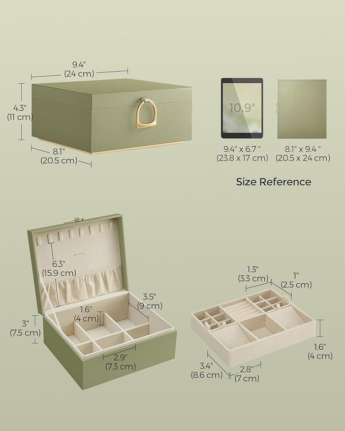 SONGMICS 2-Layer Jewelry Box, Jewelry Organizer with Handle, Removable Jewelry Tray, Jewelry Storage, Floating Effect, 8.1 x 9.4 x 4.3 Inches, Gift Idea, Sage Green UJBC165C02