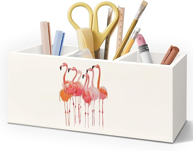 Tropical Flamingo Wooden Pen Pencil Holder for Desk Accessories, Flamingo Gifts for Women Girls, Preppy Girly Wood Makeup Brush Toothbrush Holder Organizer for Vanity Bathroom
