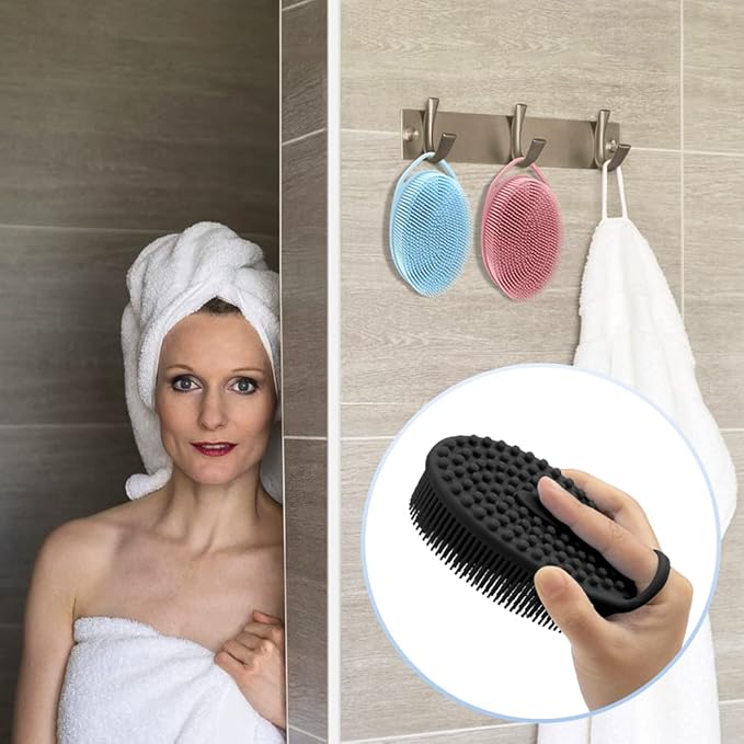 3 Pack Silicone Body Scrubber, Exfoliating Soft Loofah, Scrubber Fit for Sensitive and All Kinds of Skin, Clean Sanitary, Rapid Foaming Black+blue+pink