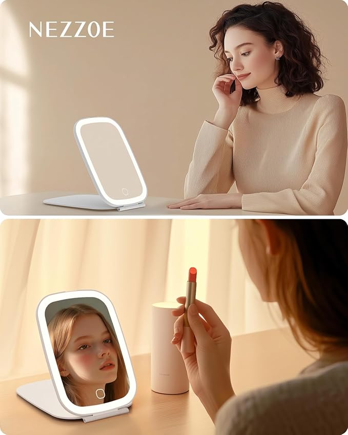 Rechargeable Travel Makeup Mirror with LED Light, Portable Light up Mirror, 3 Lighting Modes, 7x5 Inch Foldable Vanity Mirror for Desk or On The Go