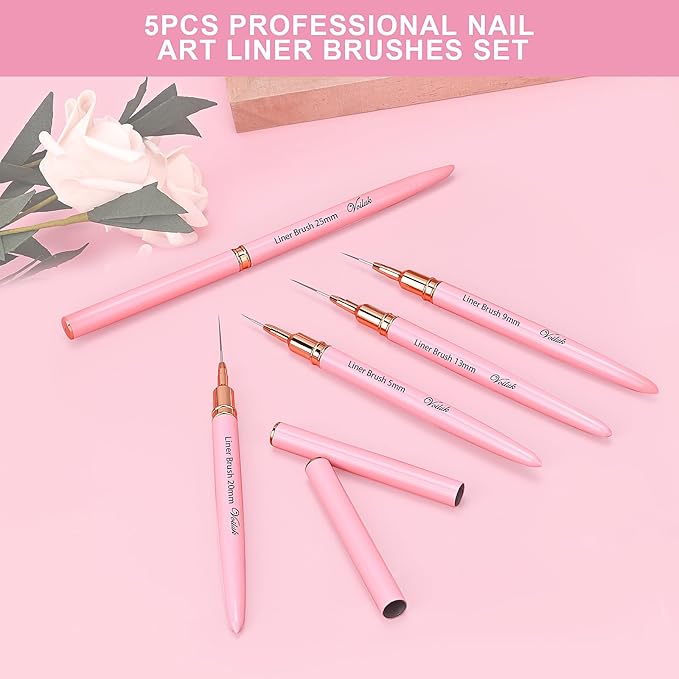 5Pcs Nail Art Liner Brushes,Liner Brush For Nails Gel,Thin Liner Nail Brush Set,Nail Art Striping Brushes,Painting Art Design Pen For Long Lines, Thin Details, Fine Drawing Sizes 5/9/13/20/25mm