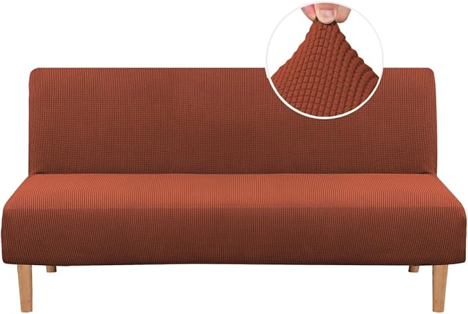 H.VERSAILTEX Armless Futon Cover Stretch Sofa Bed Slipcover Protector Elastic Feature Rich Textured High Spandex Small Checks Jacquard Fabric Futon Cover, Machine Washable, Rust
