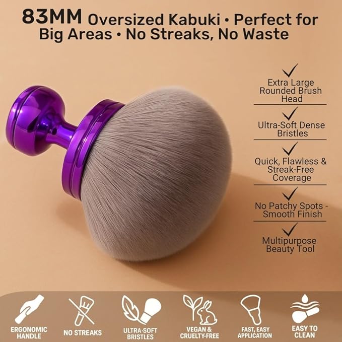 Blend & Blur Extra Large Kabuki Body Makeup Brush for Self Tanner, Bronzer & Legs Makeup, 3.5" Wide Round Head Streak-Free Tan Application for Full Body Self Tanning, Body Contouring & Sunless Tan