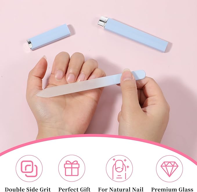 2 Pack Glass Nail Files for Natural Nails, Crystal Nail File with Case, Double Sided Glass Files for Nails (Pink+Blue)