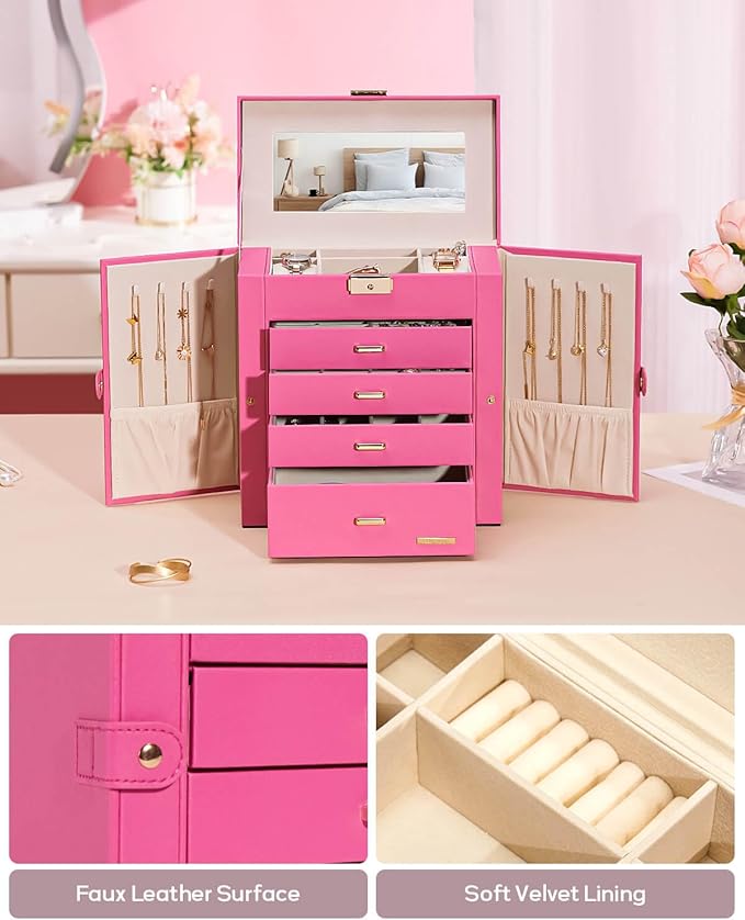 Homde Synthetic Leather Huge Jewelry Box Mirrored Watch Organizer Necklace Ring Earring Storage Lockable Gift Case (Pink + Gold)
