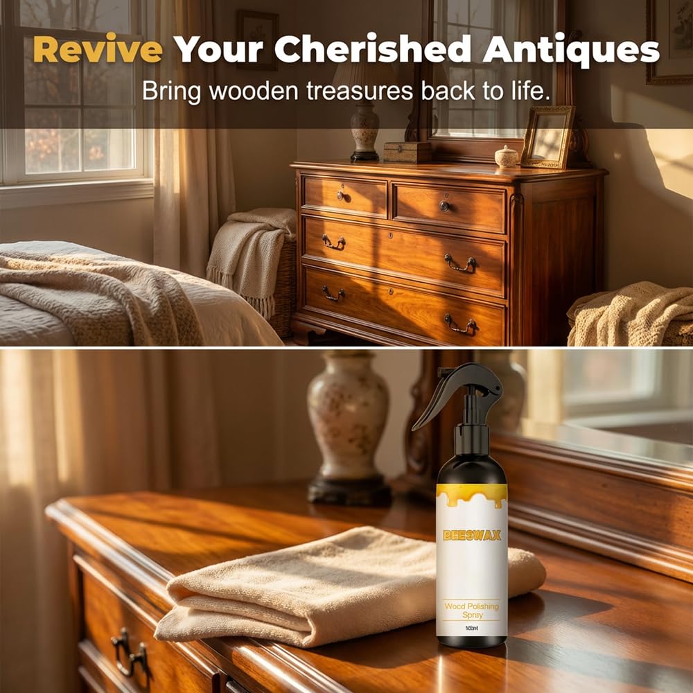 2026 New Beeswax Wood Polish Spray, 120ml Beeswax Furniture Polish Spray, Bring a Towel and a Sponge for Wood Multipurpose Wood Wax Restorer for Floors, Cabinets, and Tables (2PCS)