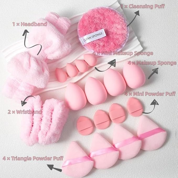 20 Pcs Makeup Sponges Set Beauty Blender Triangle Puffs Mini Sponge Spa Headband & Wristband Remover Pad Cosmetic Applicator for Powder Foundation Liquid Cream Multi - Functions Kit (Pink)