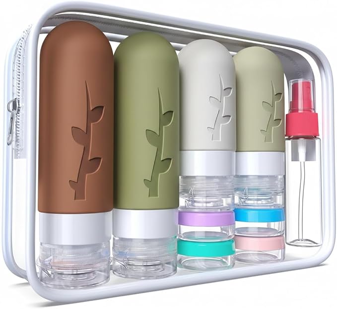 Travel Bottles Kit (16 Pack) - TSA Approved, Leak Proof Silicone Squeezable Containers for Toiletries. Complete Set with Jars, Sprayers & Bag (Earthy brown)