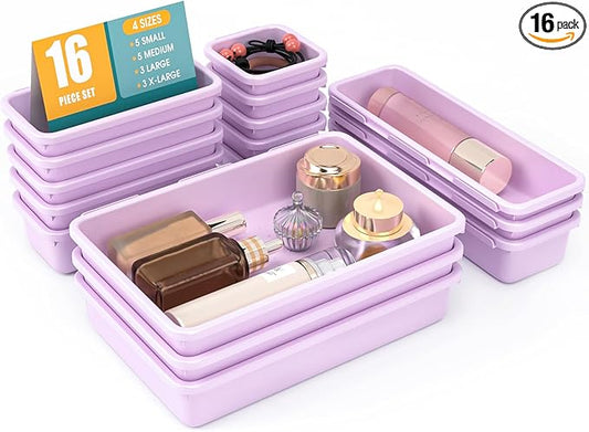 16 PCS Drawer Organizer Set, 4 Size Makeup Drawer Divider Organizer With Non-Slip Pads, Interlocking Plastic Storage Bins for Office,Jewelry Vanity,Gadgets, Bathroom,Kitchen, Purple