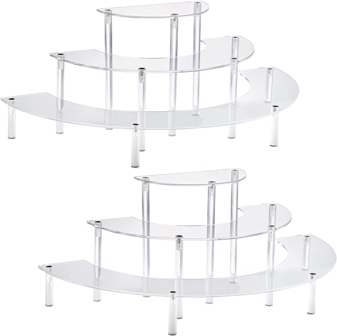 HENABLE Acrylic Display Risers, 3 Tier Clear Cupcake Perfume Stand Organizer, Half Moon Dessert Stand for Display, Food, Amiibo Funko POP Figure (2half