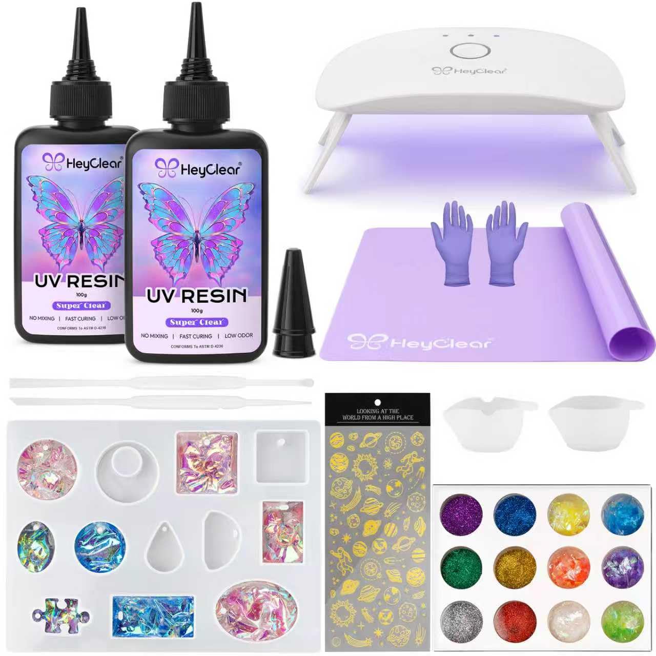 HeyClear UV Resin Kit 200g with UV Light, Molds and Casting Tools -Super Clear, Hard, Low Odor, Premixed and Fast Curing UV Glue for Coating, Jewelry Making, DIY Craft Decorations