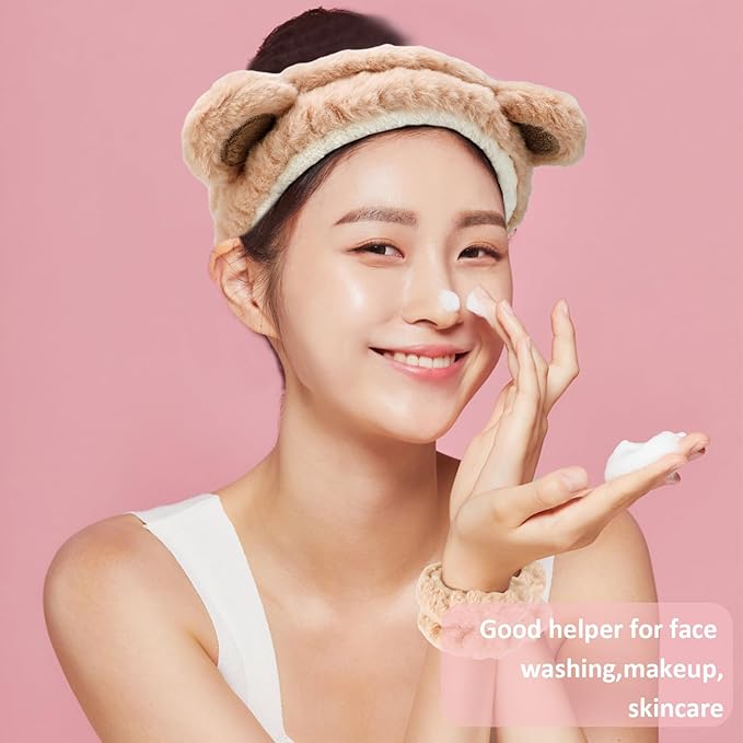 Canitor Face Wash Headband with Wrist Towels - Soft Coral Fleece Spa Makeup Headband, Cute Animal Elastic Skincare Design with Bear Ears