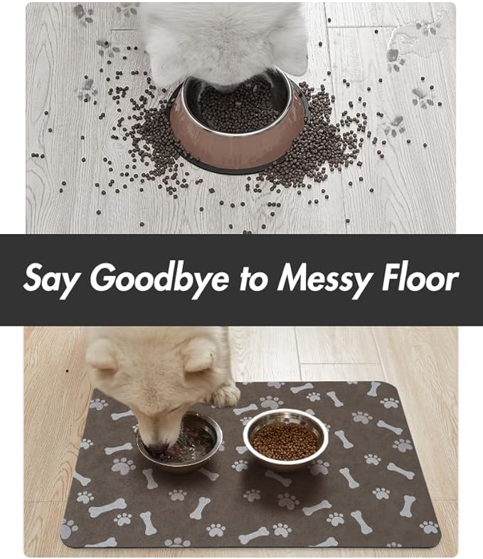 MontVoo Dog Food Mat-Pet Feeding Mat for Food and Water-No Stains Quick Dry Dispenser Cat Bowl Mat for Messy Drinkers(16"X24" Brown)