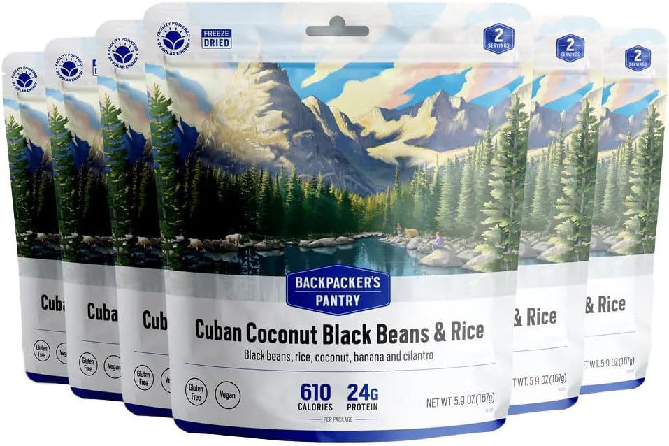 Backpacker's Pantry Cuban Coconut Rice & Black Beans, 2 Servings Per Pouch (6 Count), Freeze Dried Food, 14 Grams of Protein, Vegan, Gluten Free