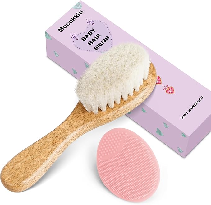 Baby Hair Brush and Pink Cradle Cap Brush Set for Newborns and Toddlers, Wooden Baby Hair Brush Set with Soft Goat Bristle, Baby Hair Care Kit (2PCS)