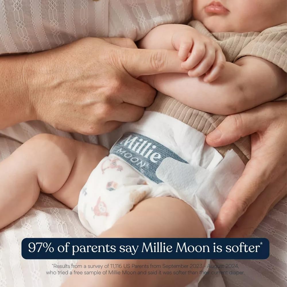 Millie Moon Luxury Diapers – Ultra Soft Cloud Touch Disposable Diapers with 12 Hour Absorbency & Wetness Indicator (N - 88ct)