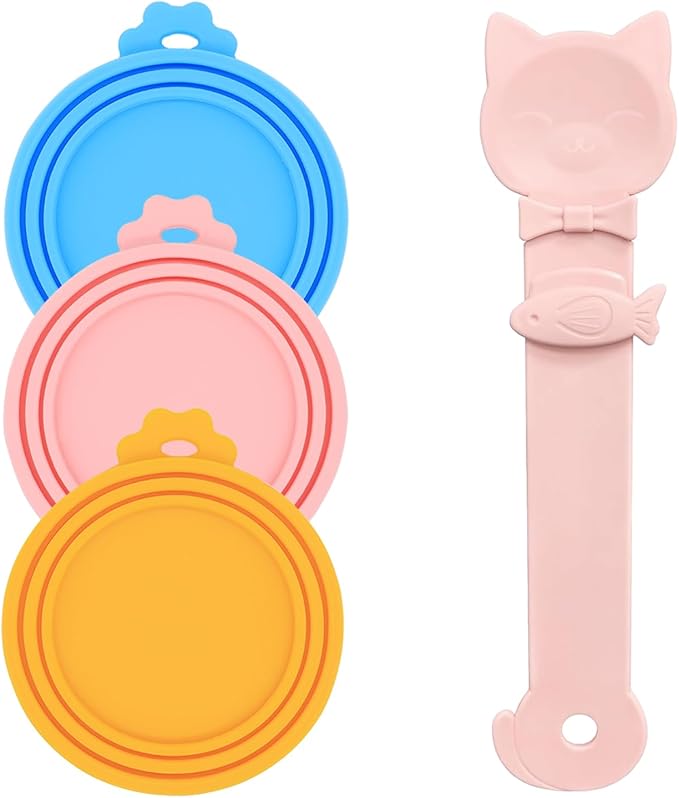 Cat Treat Spoon & 3 Pcs Can Lids | Cat Strip Feeder Squeeze for Liquid Snack | Universal Silicone Pet Can Covers BPA Free | Waste-Free Lickable Treat Feeder(Multicolor)