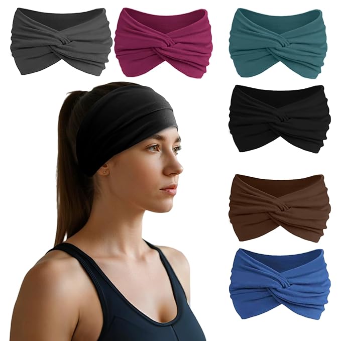 HSEM Headbands for Women, Non Silp Wide Hair Bands, Elastic Thick Head Bands, Stretchy Soft Sports Sweat Bands for Spa Workout Running Gym, Cotton Cloth Band 6Pcs