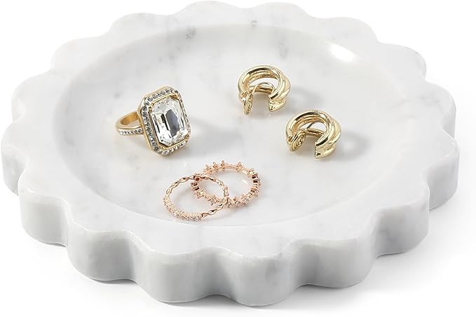 Koville 5.51" Scalloped Marble Tray, Round Stone Jewelry Trinket Dish for Ring, Natural Small Marble Tray for Bathroom Kitchen Dresser Countertop, Decorative Candle Tray(Bianco Carrara)
