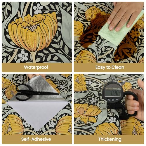 Yellow Boho Floral Wallpaper Peel and Stick Flowers Contact Paper 17.5"¡¿118" - Mid Century Style William Morris Self Adhesive Vinyl Removable Wall Paper for Kitchen Bedroom Renter Friendly Home Decor
