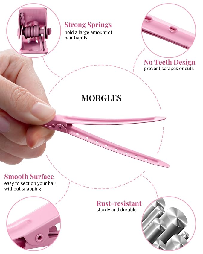 MORGLES 70Pcs No Crease Hair Roller Clips, 3 Sizes Metal Alligator Styling Clips for Sectioning, Professional Hair Styling Tools with 2Pcs Rose Pink Rat Tail Combs for Parting