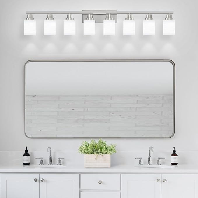 DIKAIDA 8-Light Bathroom Light Fixtures, 52inch Nickel Vanity Light with Milky White Glass Shade, Modern Bathroom Wall Lights Over Mirror, Farmhouse Wall Sconces Lighting for Bedroom Living Room