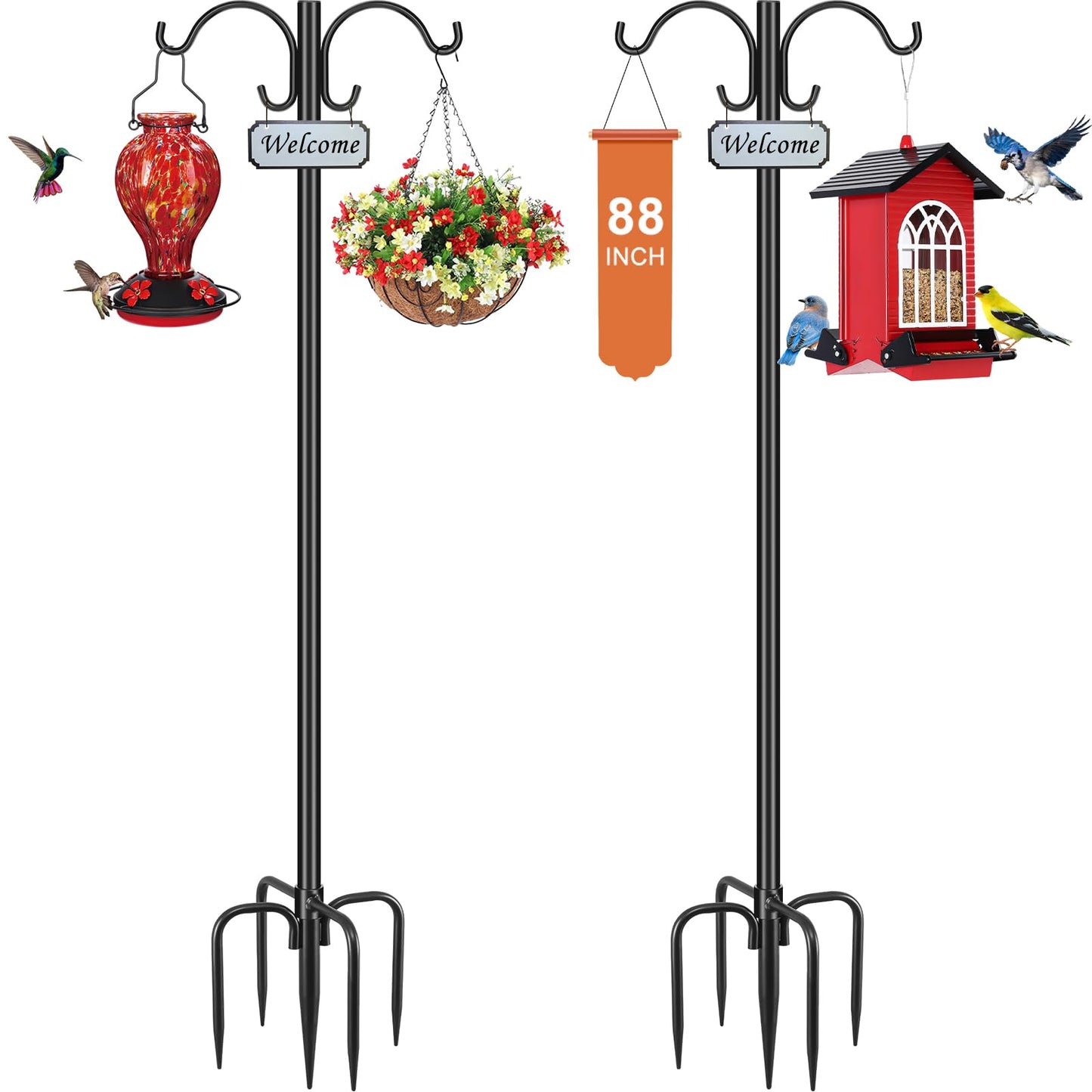 Tegarbed Heavy Duty Double Shepherd Hooks for Outdoor 1-in Dia with 5-Prong Base, 88inch Adjustable Decorative Metal Bird Feeder Pole for Hanging Bird Nest, Plant Basket,Lantern,Solar Light 2 Pack