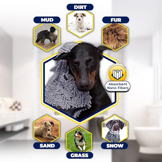 Muddy Mat Doggy Dryer, Highly Absorbent Microfiber Washable Dog Shammy Quick Drying Towel Absorber - Extra Soft Plush Wrap Chenille Bath Towels to Dry Soggy Large Pets & Small Puppy-Grey 13"x31"