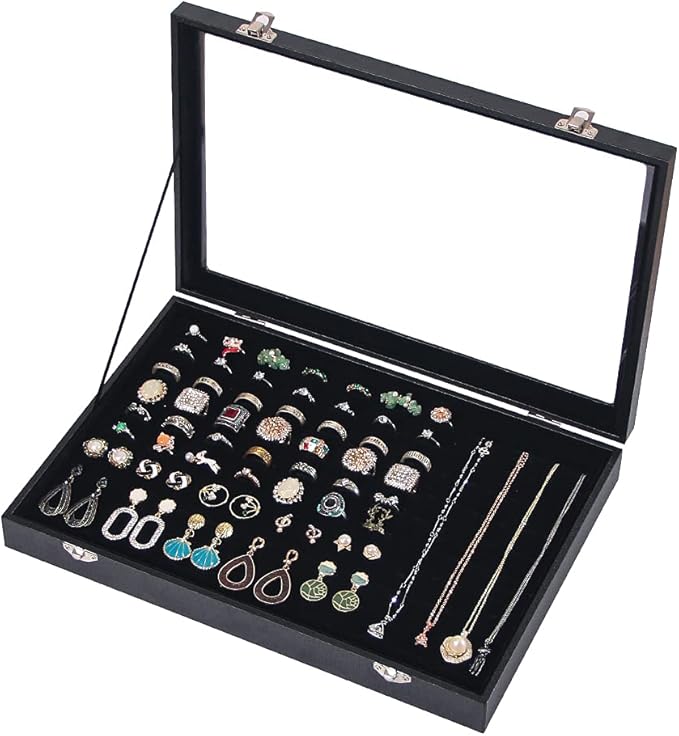 Ring Holder Organizer Box, Jewelry Display Case, Earring Necklace Storage Tray With Top Glass Lid (Black, 100 Slots)
