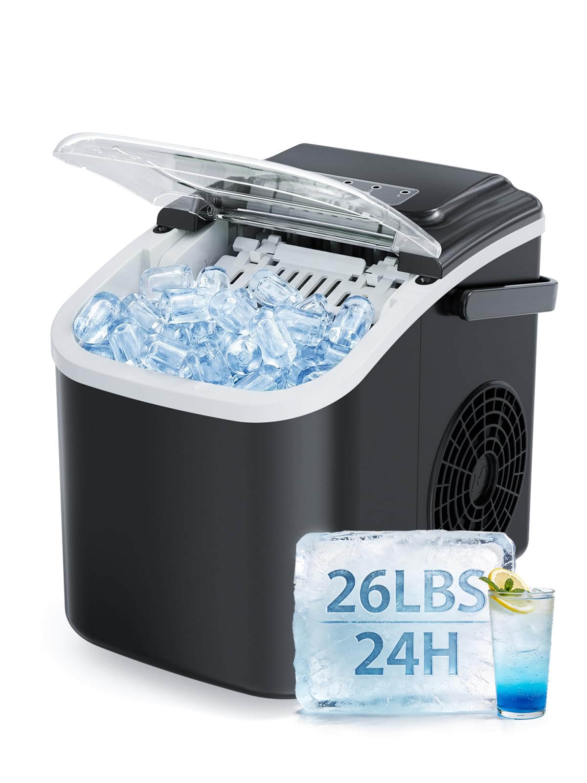Countertop Ice Maker, 26lbs/24H Portable Ice Maker with Handle, 8 Ice Cubes Ready in 6 Mins, Self-Cleaning Ice Makers Countertop for Home/Party/Travel/Camping/Bar