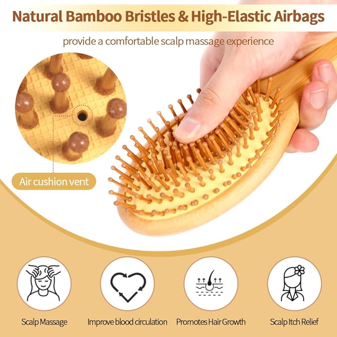 2 Piece Bamboo Hair Brush for Hair Growth, Wooden Paddle Detangler Hairbrush with Natural Bamboo Bristles, For All Hair Types - Women & Men, Scalp Massage, Smooths Tangles & Knots