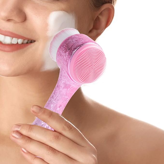 Face Brush 2 in 1, Facial Cleansing Exfoliating Brush with Ultra Fine Soft Bristles for Pore Deep Cleansing Silicone Double Side Face Wash Scrub Brush for Skin Care, Ice Flower Pink