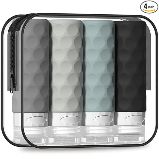 Silevoler Travel Bottles for Toiletries, 4pcs Tsa Approved 3oz Travel Size Containers, BPA Free Leak Proof Premium Silicone Bottles, Refillable Liquid Squeezable Accessories W/Toiletry Bag