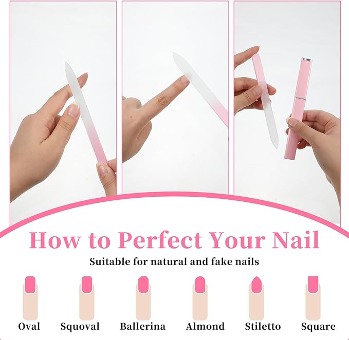 2 Pack Glass Nail Files for Natural Nails, Crystal Nail File with Case, Double Sided Glass Files for Nails (Pink+Blue)