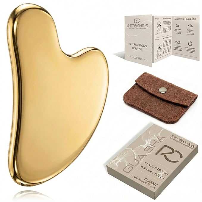 Rena Chris Gua Sha Facial Tools, Stainless Steel Guasha Tool for Acupuncture, Manual Massage Tool for Jawline Sculpting and Puffiness Reducing, Gua Sha Facial Massage Tool, Skin-Care Gift (Golden)