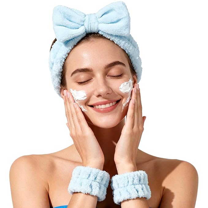 Fmeida Spa Headband and Wristband Set,Light Blue, 3 Pack,Spa Night Essentials