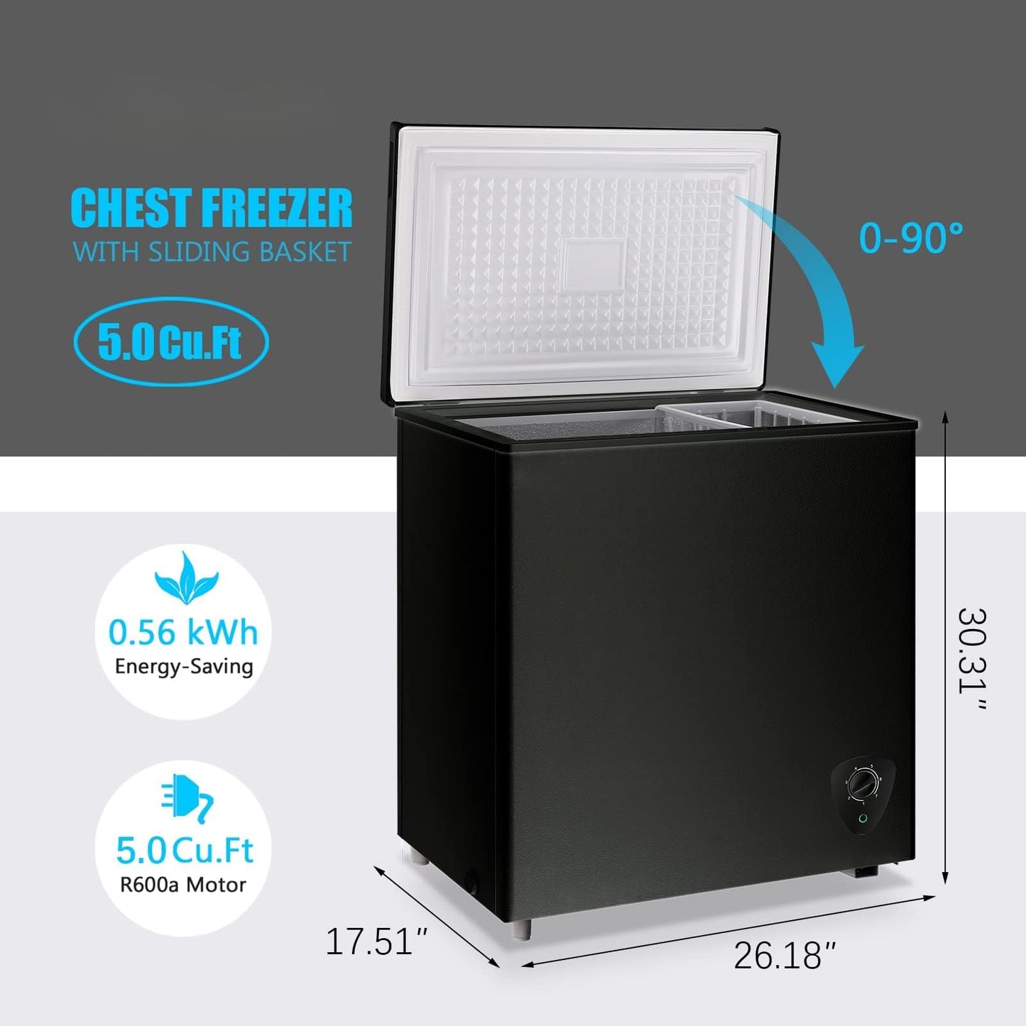4.99 Cubic Feet Deep Chest Freezer Compact Freezers with Adjustable Thermostat Top Open Door Freezer Compressor Cooling with Rmovable Storage Basket for Home Kitchen Office and Bar (Black)