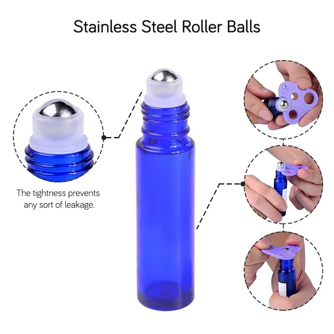 PrettyCare 60 Pack, Bulk 10 ml Essential Oil Roller Bottles with Stainless Steel Roller Ball - Bulk Refillable Leak-proof Empty Thick Blue Glass Roll on Bottles with Black Caps for Travel, Perfume