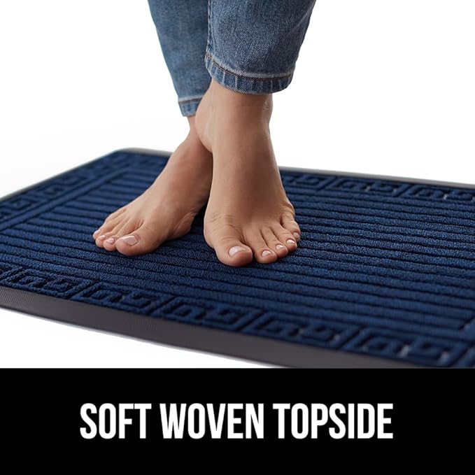 GORILLA GRIP 100% Waterproof All-Season WeatherMAX Doormat, US Designed Natural Rubber, Stain and Fade Resistant, Low Profile Indoor Outdoor Door Mats, Easy Clean Patio Mat, 17x29, Navy Greek Keys