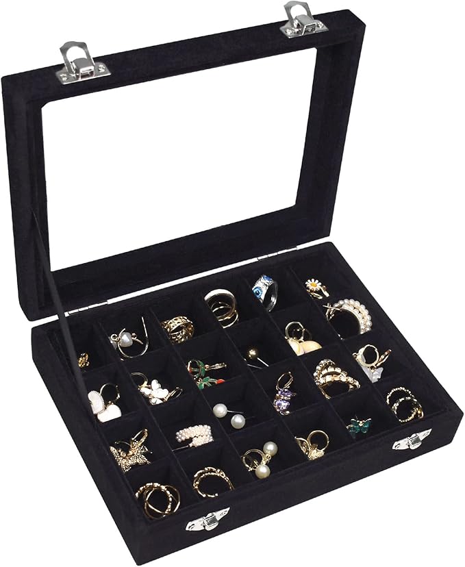 Velvet Jewelry Box 24 Grid Jewelry Ring Display Organiser Box Tray Holder Earrings Storage Case for Girls Wife Mom Women (Black)