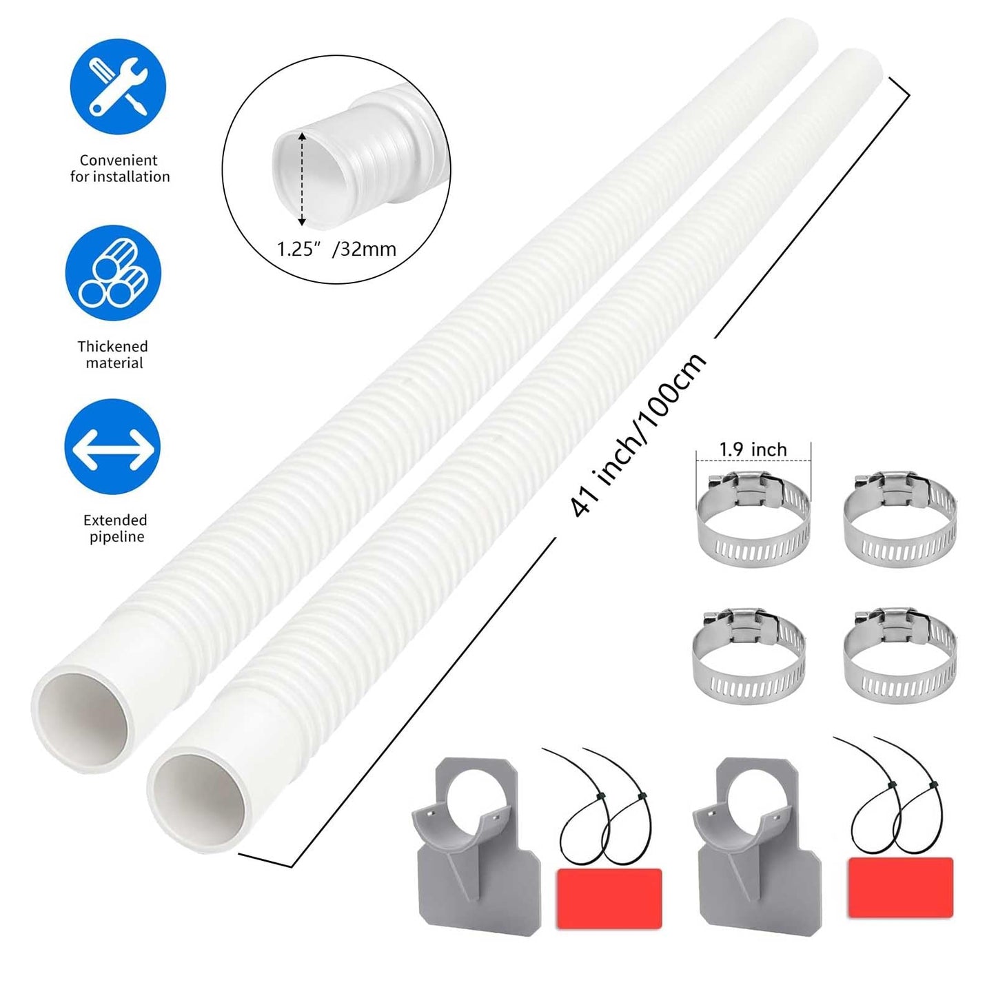 1-1/4" Pool Hoses Kit Replacement for Above Ground Pools – 1.25" Pool Filter Pump Hose with Hose Holders & Clamps Compatible with Intex Pool Filter Pump 607, 637 (White -2 Pack)
